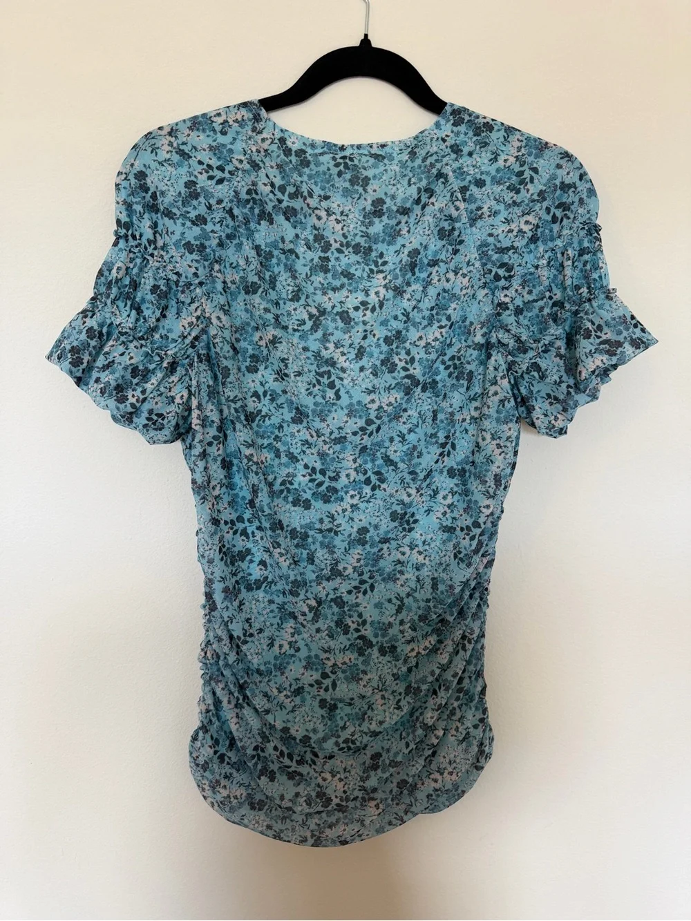Anthropologie Teal Floral Ruched Mesh Top XL - Picture 5 of 7